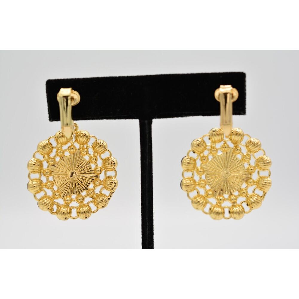 Vintage Clip Earrings Dangle Black Cabochon Gold Tone 1990s BinAI - Picture 10 of 12